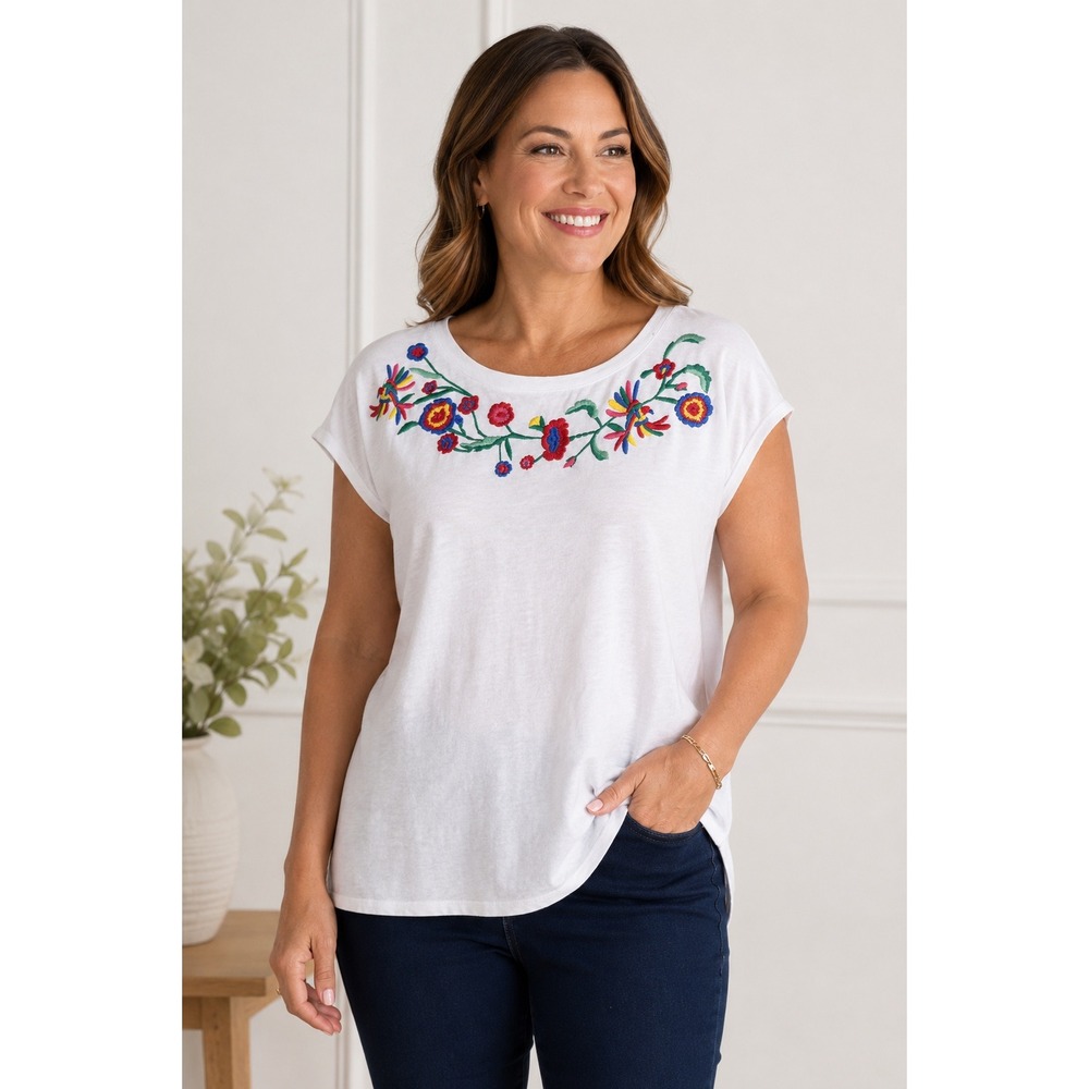 Talbots Womens White Embroidered Floral‎ Scoop Neck Slub Tee Plus Petite XP